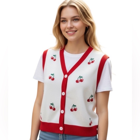 BELLE POQUE Women's White Cherry Coded Embroidered Crop Knit Sweater Vest Size M - Picture 3 of 10